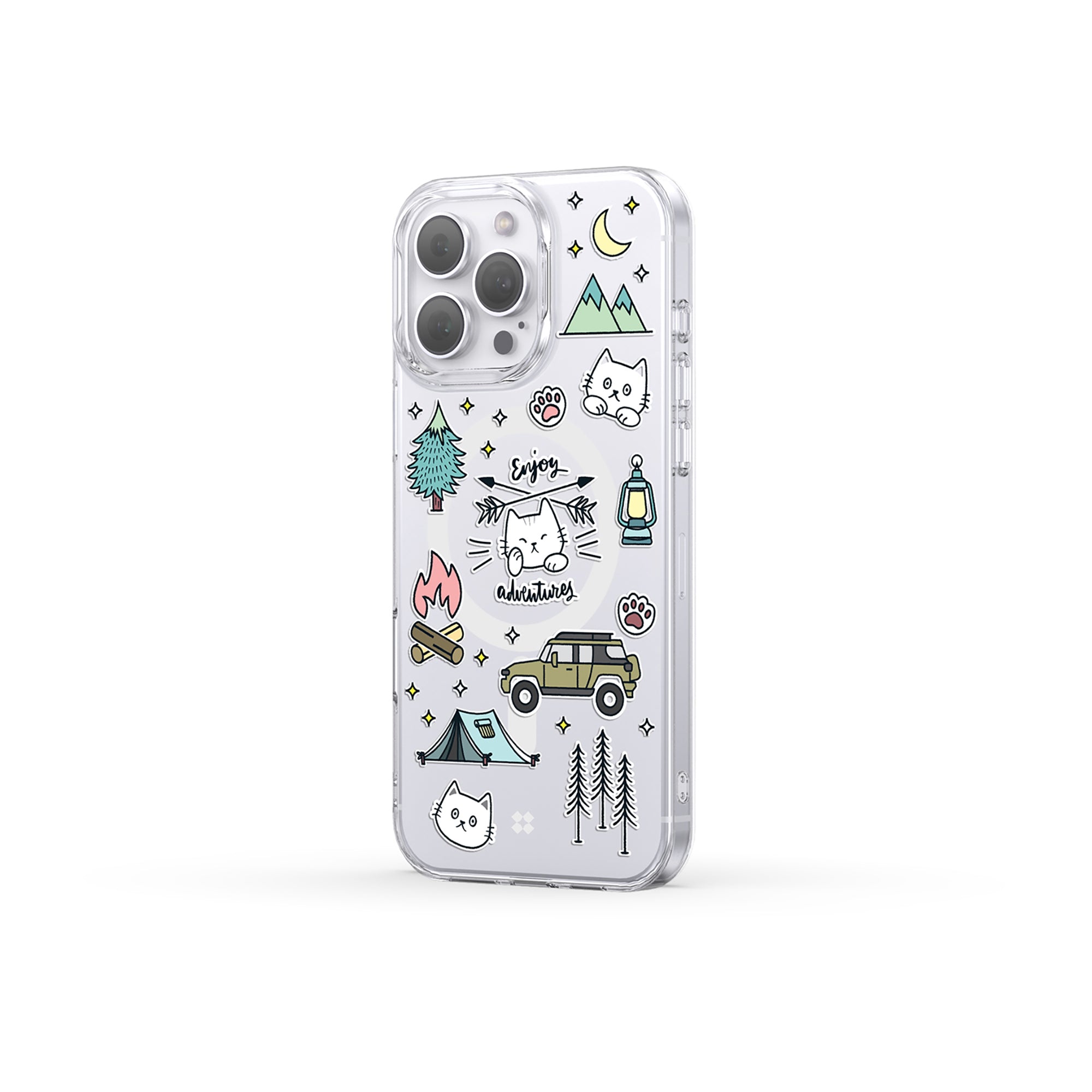 Casestudi iPhone 16 Pro Max Case showcasing a delightful Cast cat campfire pattern, combining premium quality with a love for cats and the outdoors.