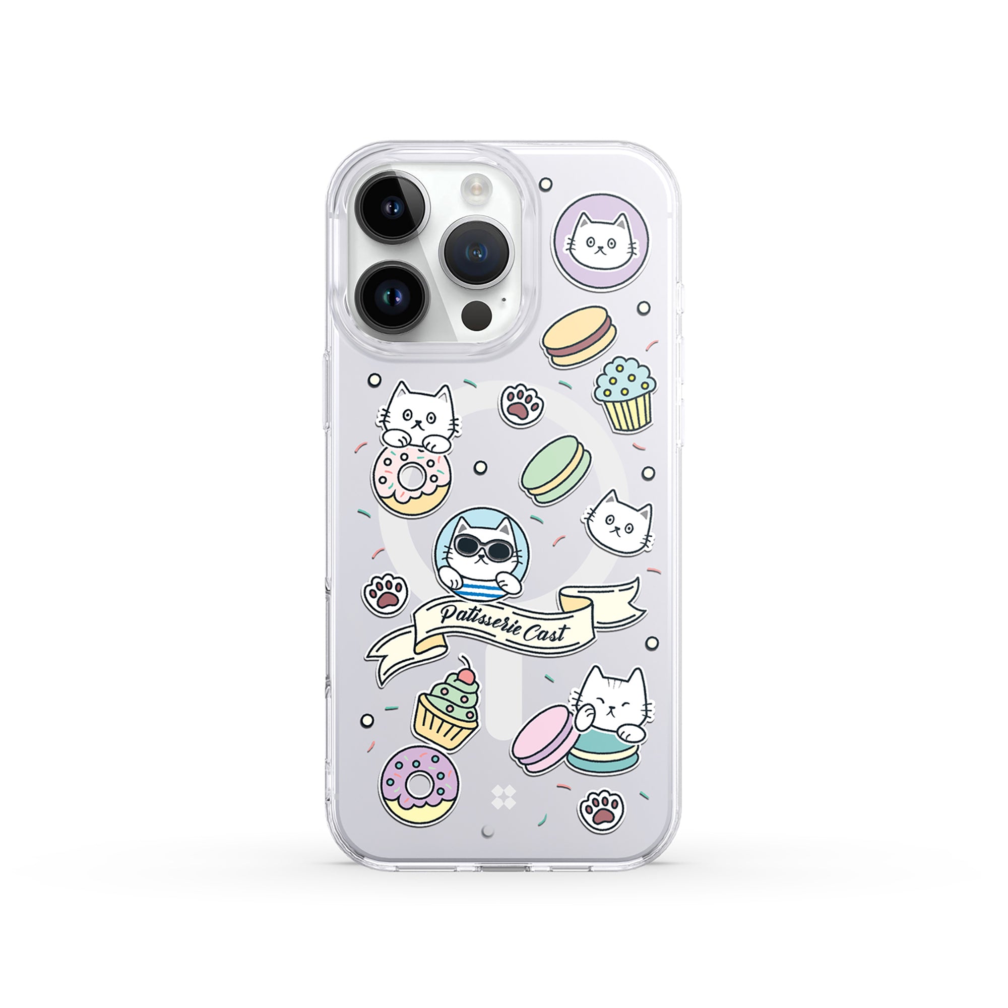 A front view of the Casestudi iPhone 16 Pro Max Case, displaying detailed illustrations of donuts, cupcakes, and macarons, perfect for dessert enthusiasts.