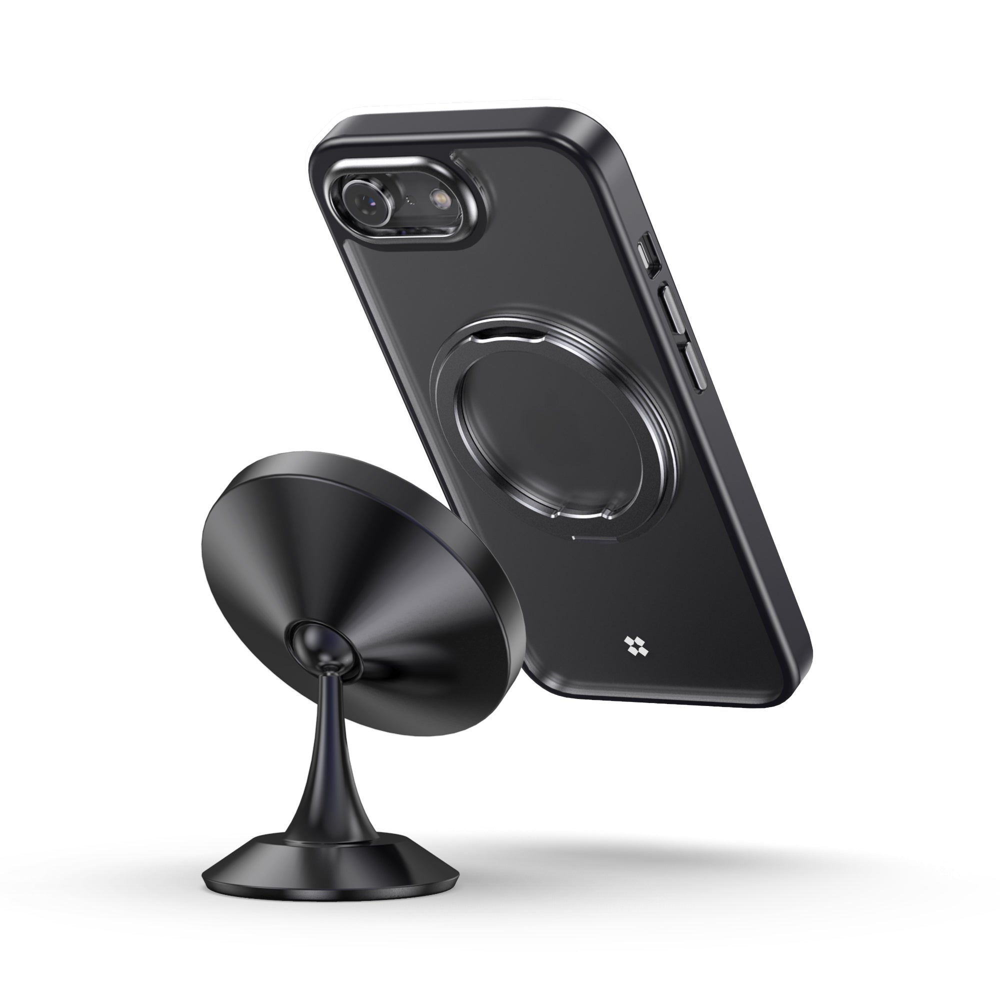Casestudi Mag Plus 16e case featuring a sleek back design with a built-in ring stand seamlessly closed. The minimalist aesthetic maintains a smooth profile while keeping the stand discreetly integrated for easy access when needed.