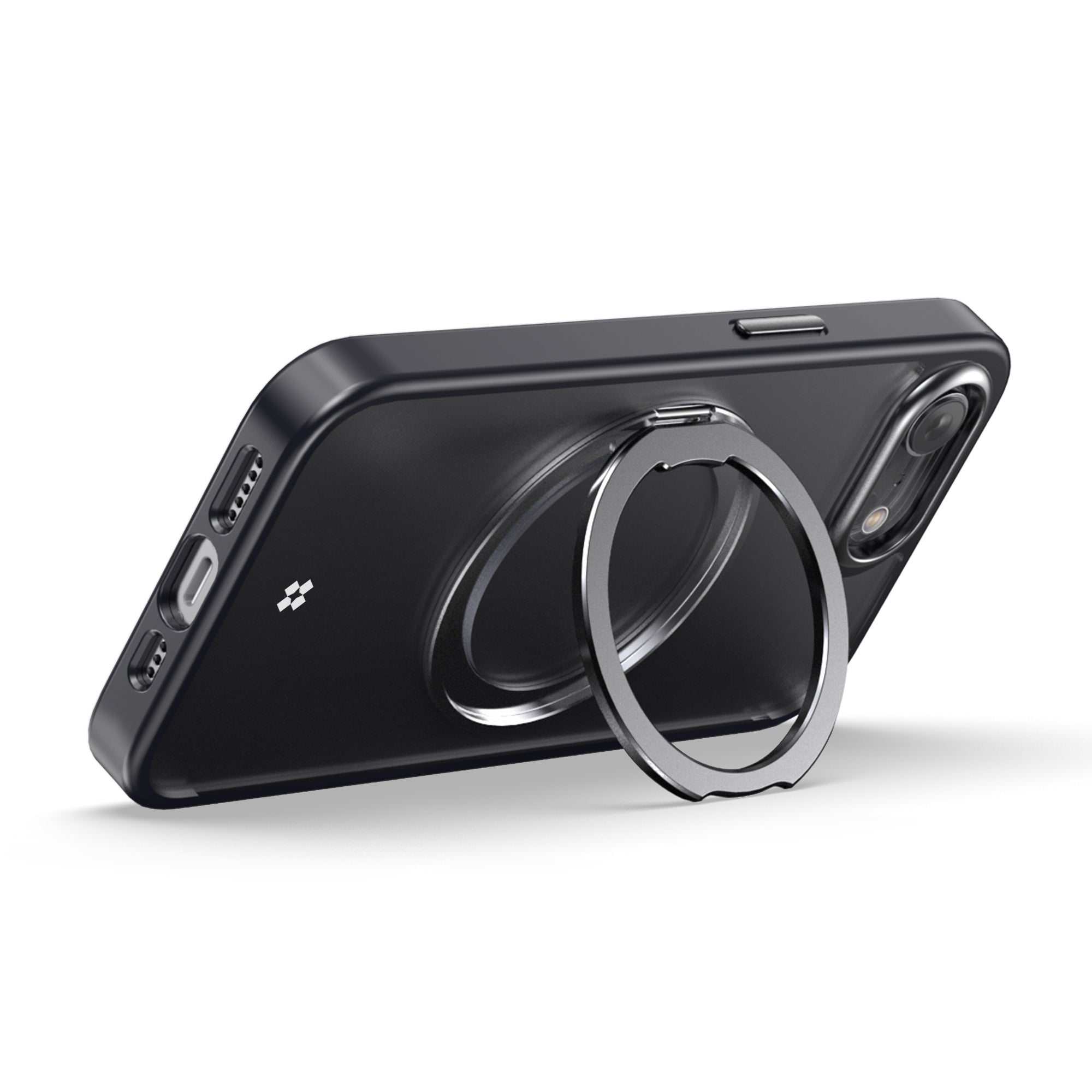 Casestudi Mag Plus 16e case featuring a built-in ring on the back. The ring can be opened to function as a stand, allowing the phone to be positioned horizontally for an optimal video-watching experience. The adjustable angle ensures flexible viewing for added convenience.