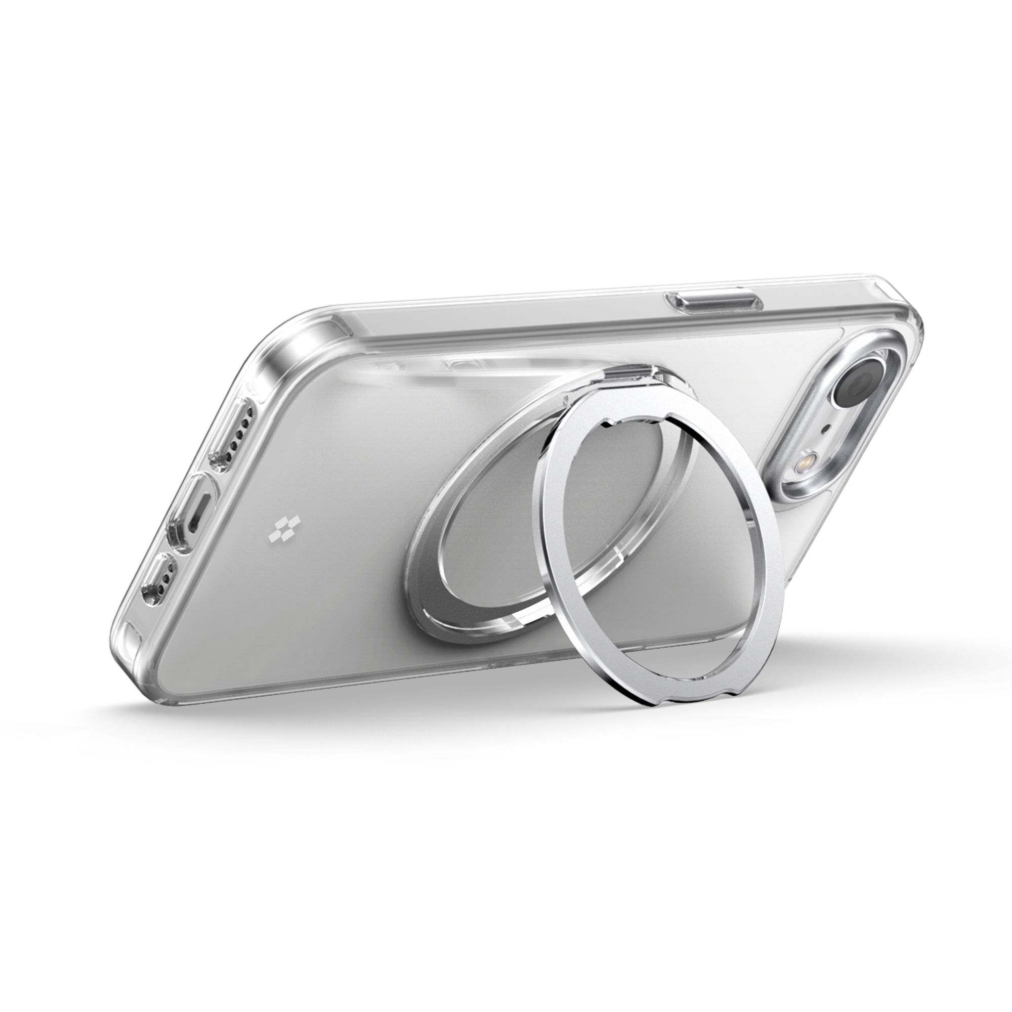 Casestudi Mag Plus 16e case featuring a built-in ring on the back. The ring can be opened to function as a stand, allowing the phone to be positioned horizontally for an optimal video-watching experience. The adjustable angle ensures flexible viewing for added convenience.