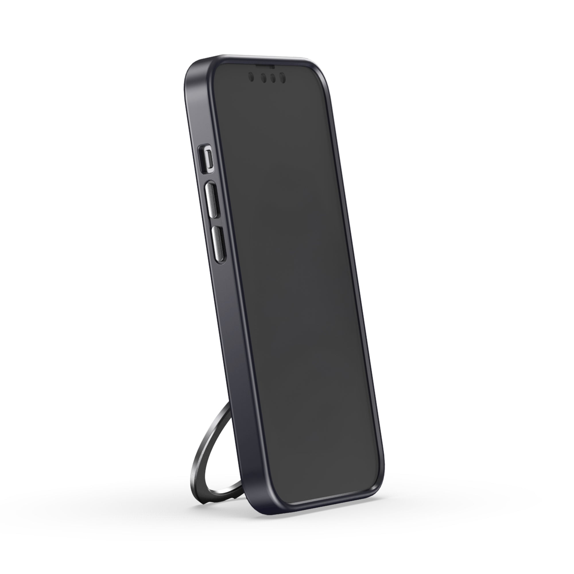 Casestudi Mag Plus 16e case with a built-in ring stand, shown in a vertical standing position. Perfect for hands-free viewing of messages, video calls, WhatsApp chats, or scrolling through content with ease. The adjustable angle provides added convenience.