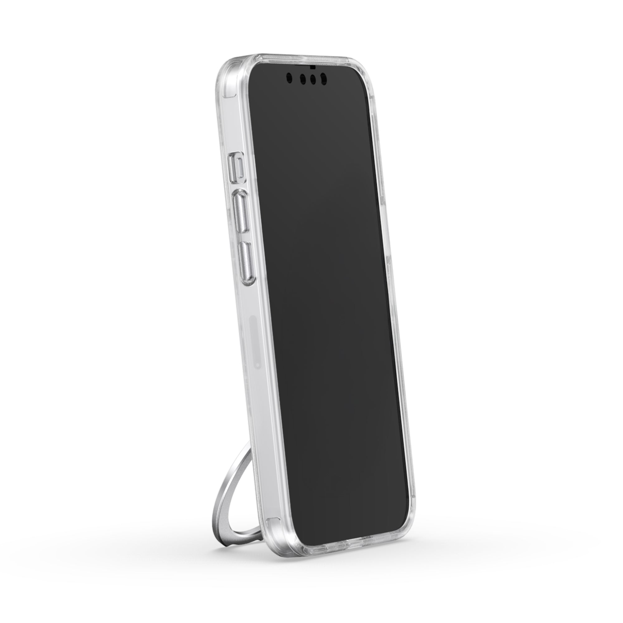 Casestudi Mag Plus 16e case with a built-in ring stand, shown in a vertical standing position. Perfect for hands-free viewing of messages, video calls, WhatsApp chats, or scrolling through content with ease. The adjustable angle provides added convenience.