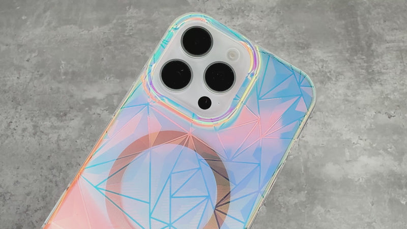 適用於 iPhone 16 / 16 Pro 系列的 Gala 保護殼，將極簡設計與全息鑽石紋理巧妙結合，打造低調又奢華的視覺效果。隨著光線移動，保護殼呈現出迷人的色彩變化，為您的手機增添優雅與魅力。堅固的材質結構提供可靠的保護，並支援 MagSafe 功能，時尚與實用性兼具。