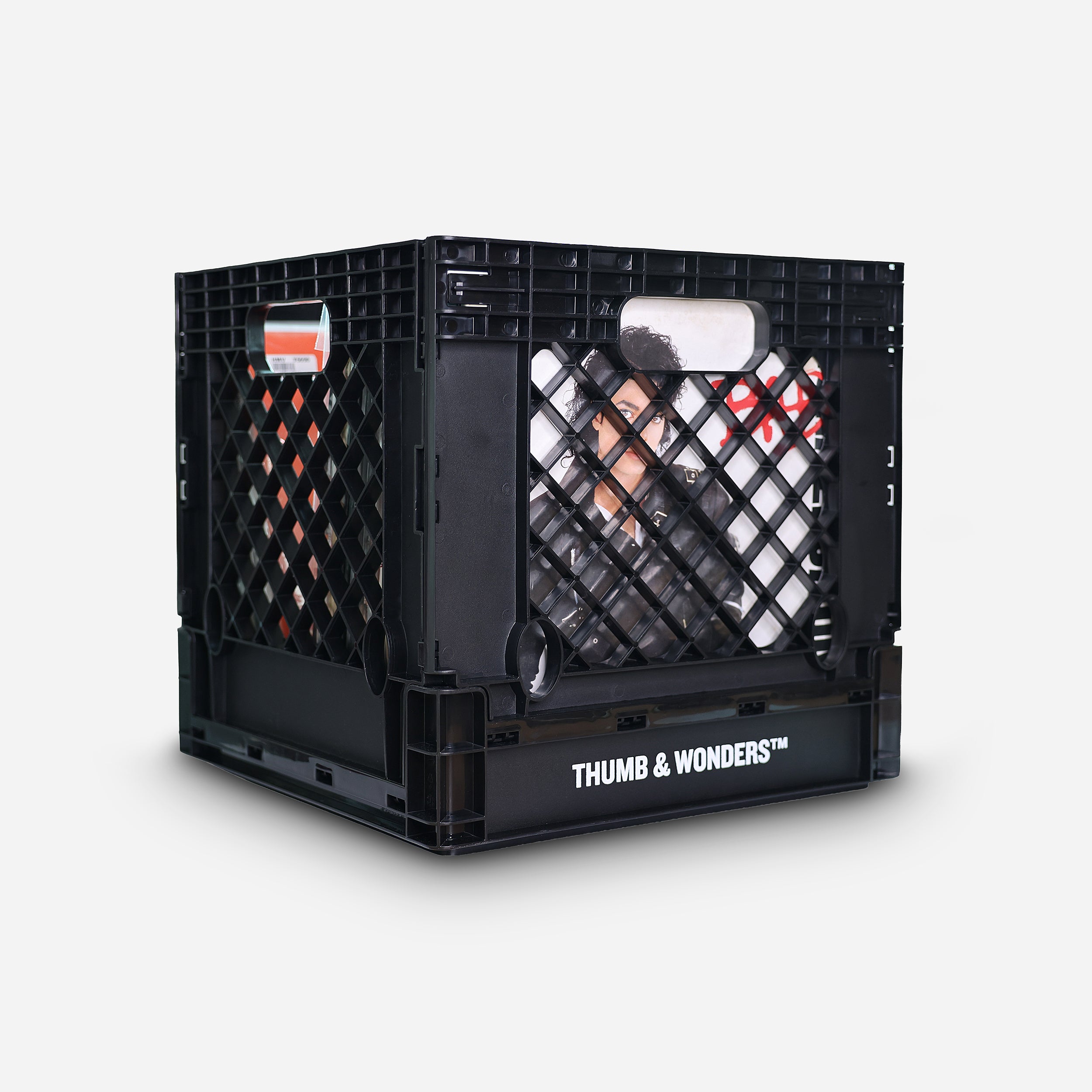 Side view of Thumb & Wonders vinyl crate showing 12-inch Michael Jackson's LP records; a durable alternative to Disk Union record boxes with upgraded PP material and 25kg load capacity.