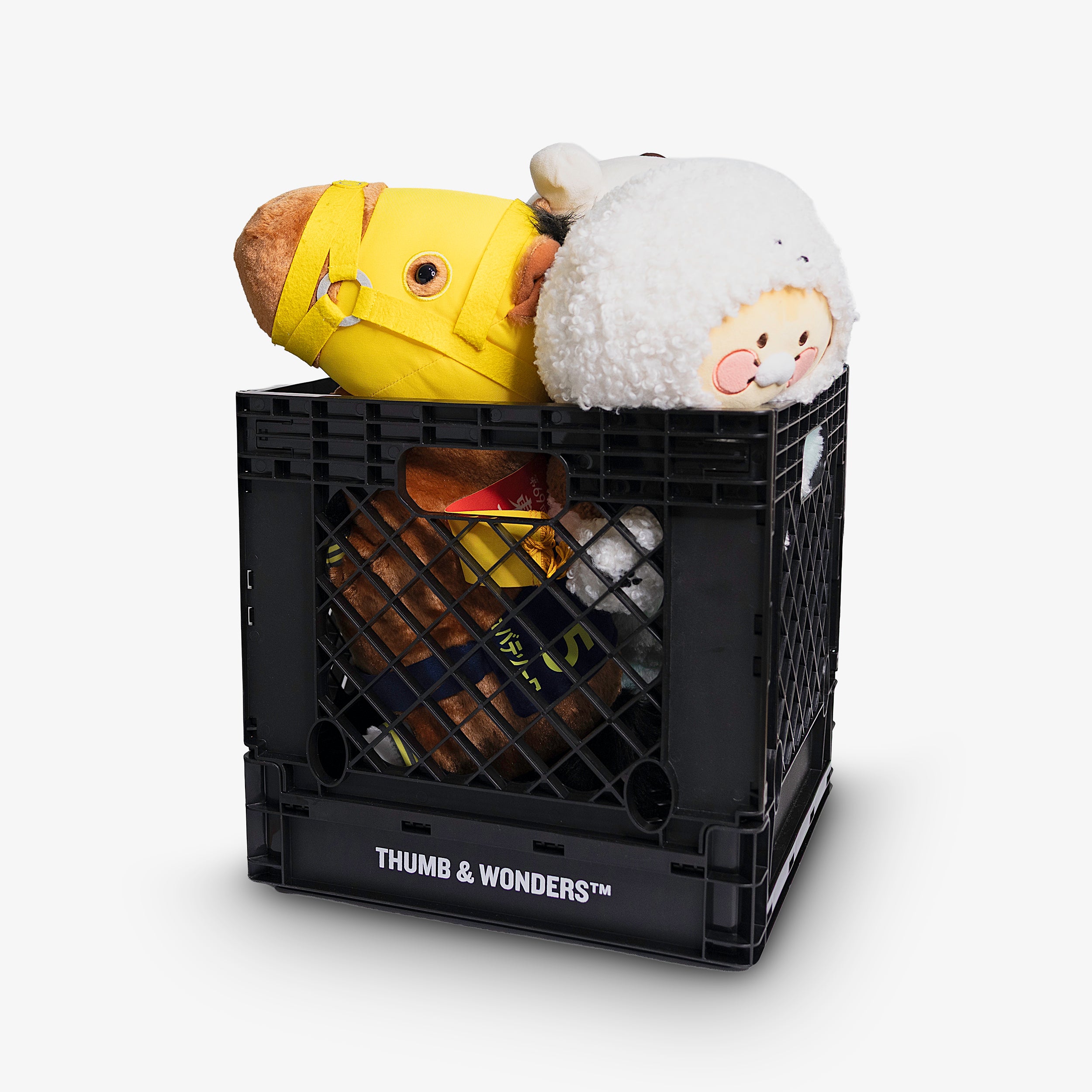 Thumb & Wonders multi-purpose storage box used for organizing plush toys and collectibles, demonstrating versatile utility for home and lifestyle gear.